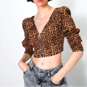 ZARA Leopard Print Long Sleeve Zip Front Puff Sleeve Crop Top.Black/brown.SM NWT